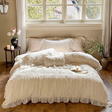 Romantic Wedding Pink Flower Cotton Chiffon Pleat Ruffles Bedding Set